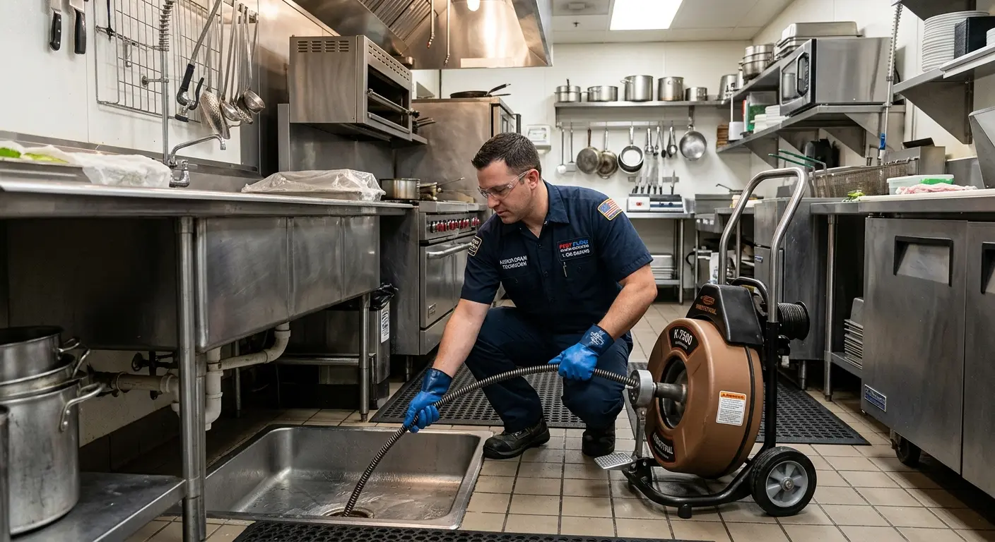 Commercial drain cleaning service in a restaurant kitchen in Melrose Park