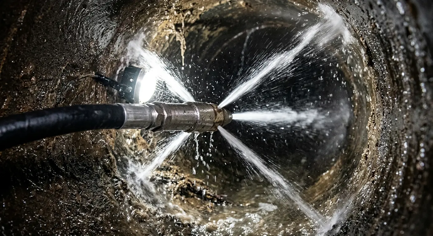 High-pressure hydro jetting nozzle cleaning sewer pipe for Trenchless Sewer Repair in Melrose Park