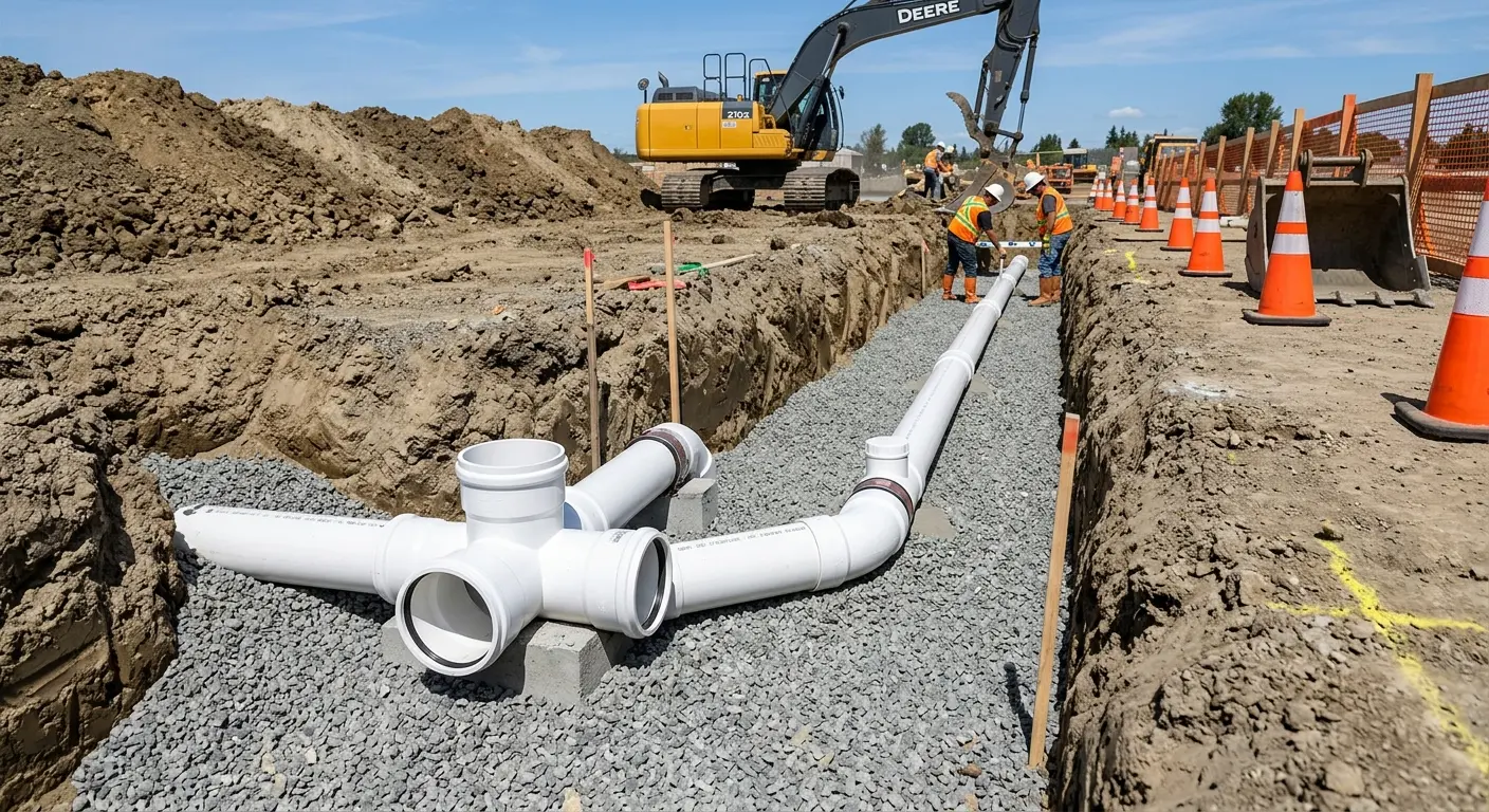 New PVC sewer pipe installation in open trench for Commercial Drain Cleaning in Melrose Park