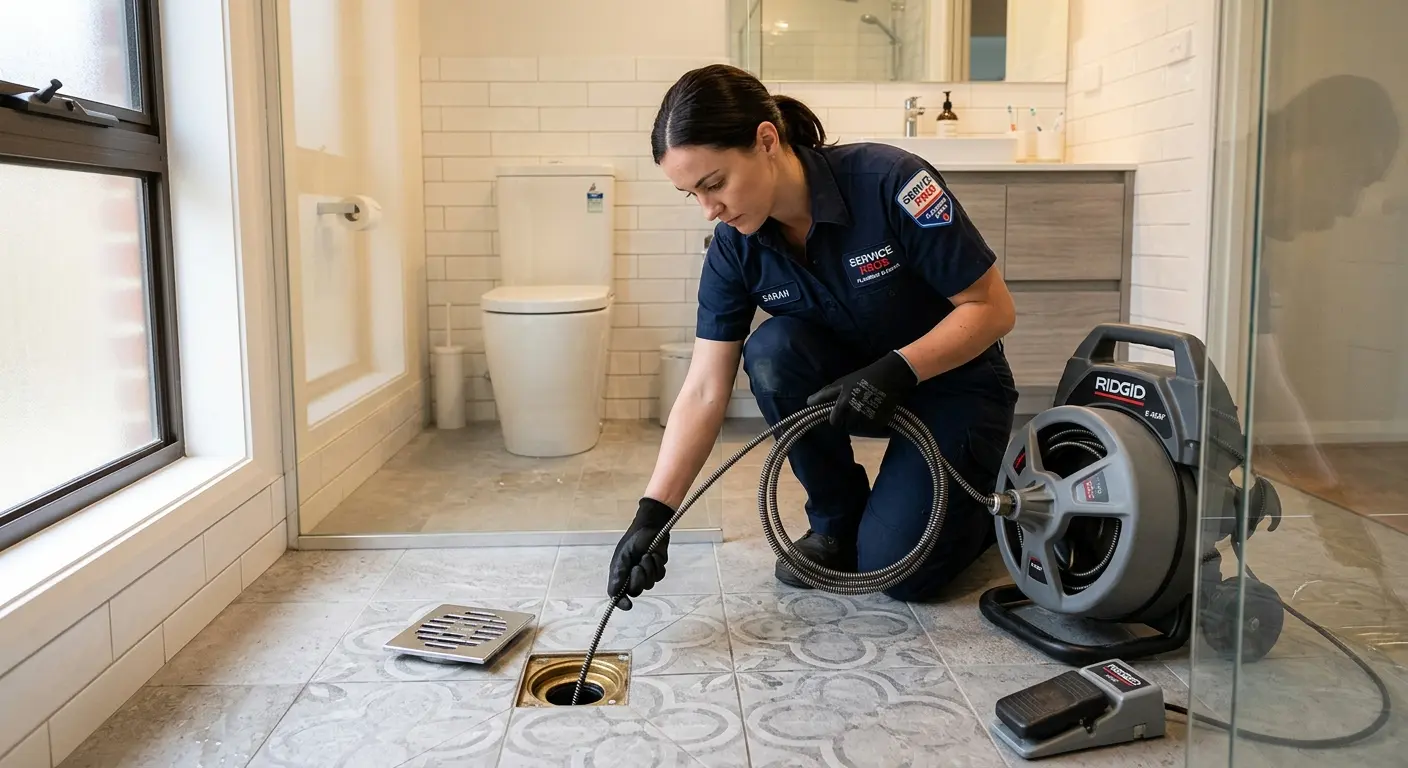 Technician clearing a bathroom floor drain for Drain Cleaning in Melrose Park